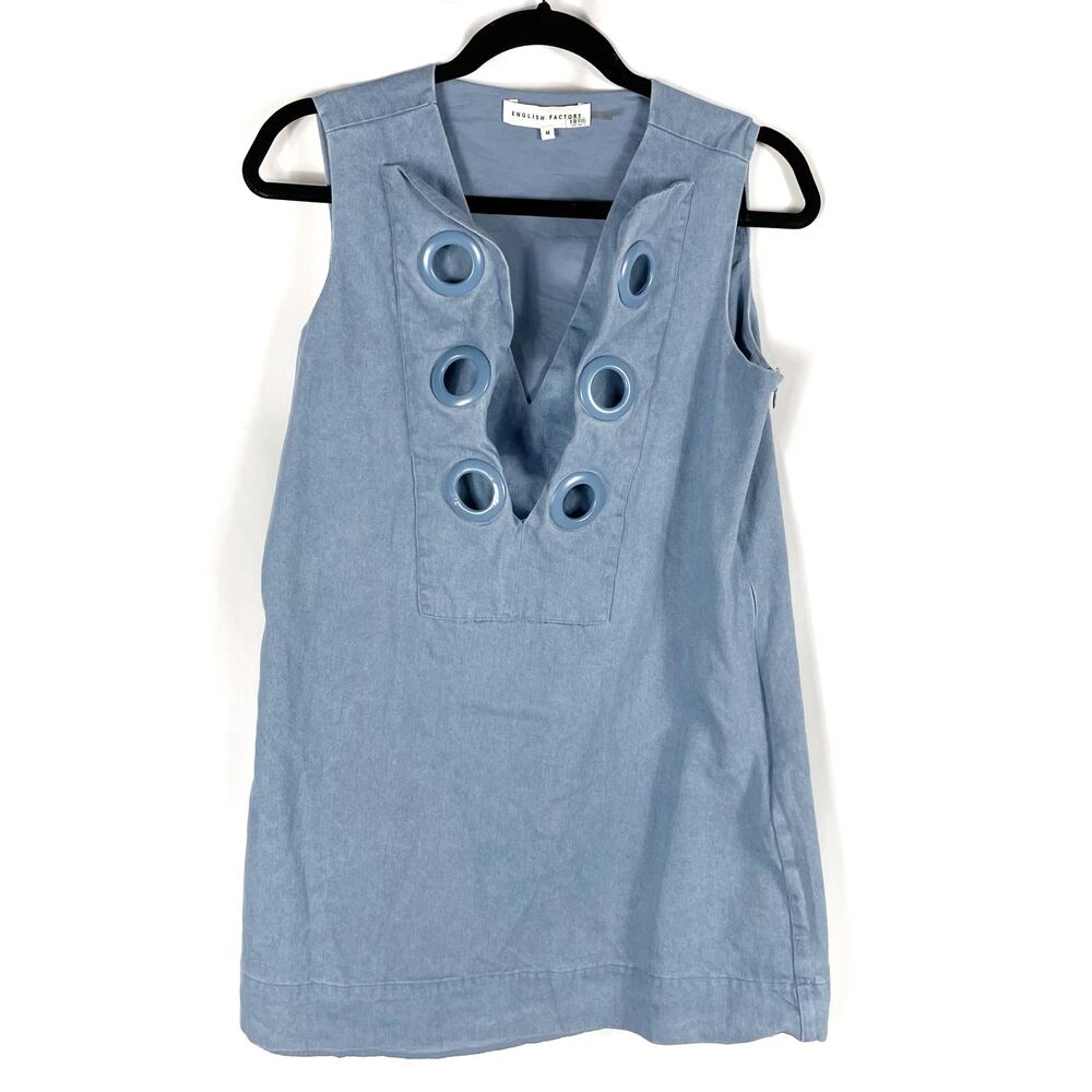 English Factory Denim Lace Up Mini Dress Blue Shift Sleeveless Chambray‎ Sz M